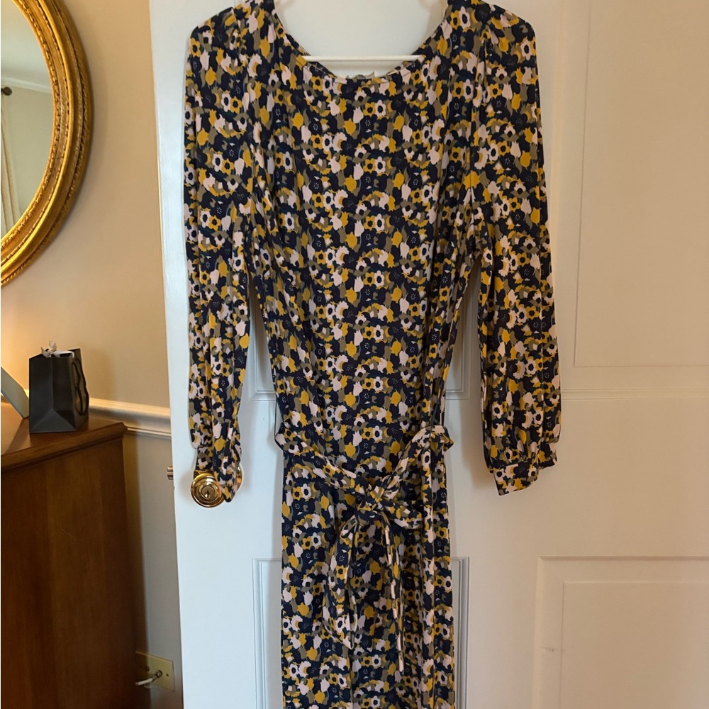 Boden Navy, Yellow & Cream Floral Long Sleeve Tie-Waist Dress